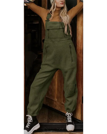 Women's Fleece Warm Overalls Loose Casual Jumpsuits